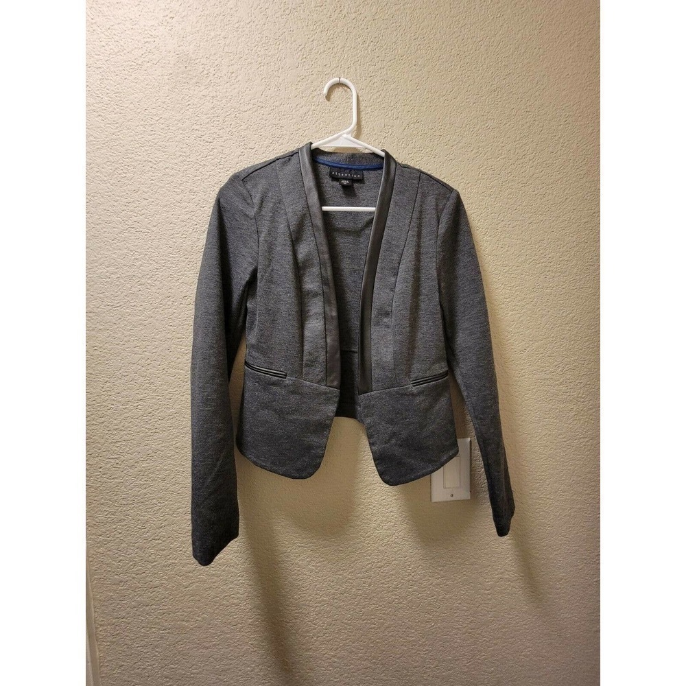 Attention Open Front Blazer Gray With Black Faux Leather Details Size Small